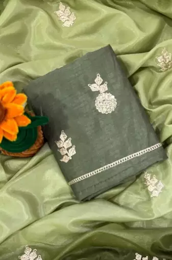 Olive Color zari thread  and sequence Chinon Silk Saree