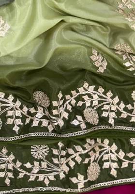 Olive Color zari thread  and sequence Chinon art silk saree 2