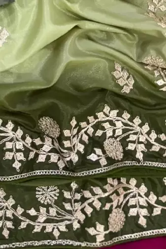 Olive Color zari thread  and sequence Chinon art silk saree