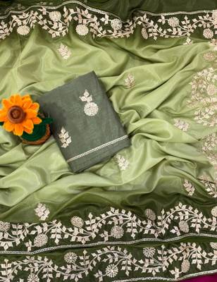 Olive Color zari thread  and sequence Chinon art silk saree 3