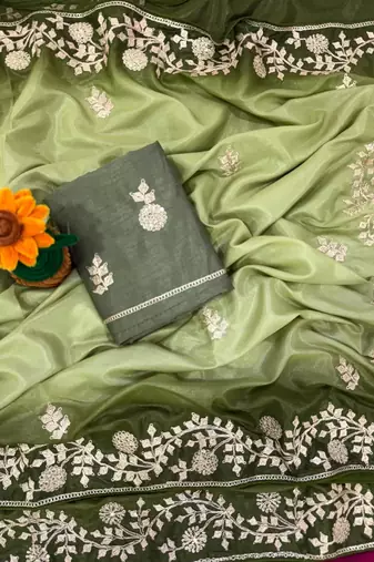 Olive Color zari thread  and sequence Chinon art silk saree