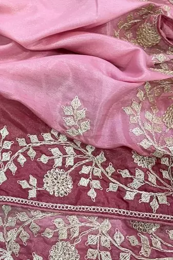 Light Pink Color zari thread  and sequence Chinon art silk saree