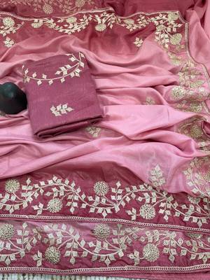 Light Pink Color zari thread  and sequence Chinon art silk saree 3