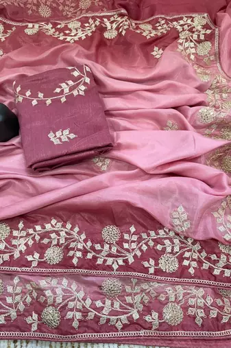Light Pink Color zari thread  and sequence Chinon art silk saree