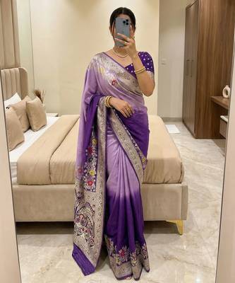 Purple Color Zari Weaving Meenakari Border Viscose Dolla Silk Saree 1