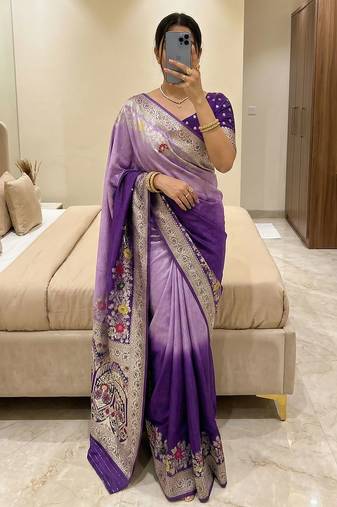 Purple Color Zari Weaving Meenakari Border Viscose Dolla Silk Saree