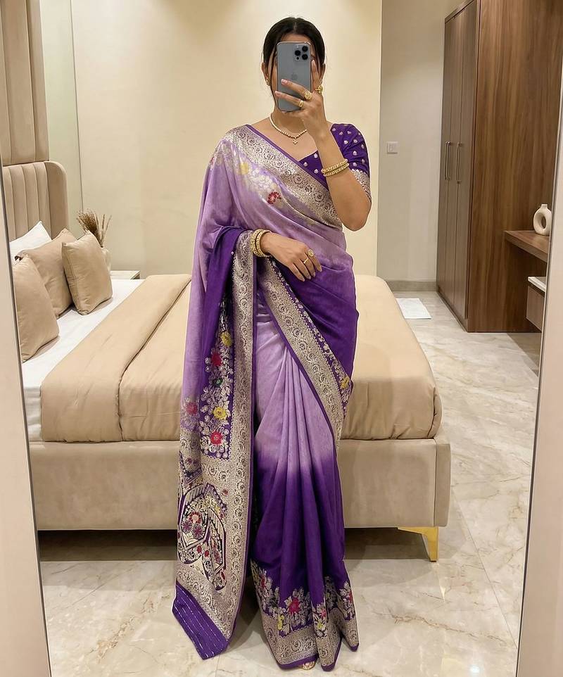 Purple Color Zari Weaving Meenakari Border Viscose Dolla Silk Saree