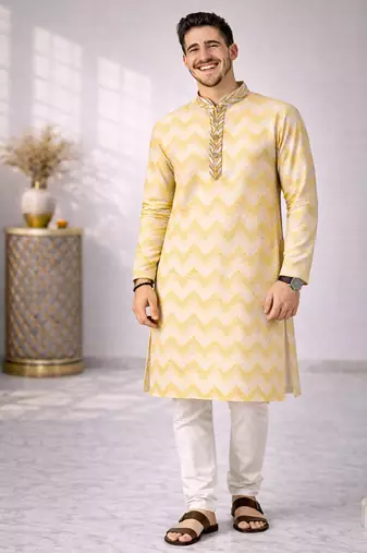 Gold color jaquard weaving work jaquard silk kurta payjama set