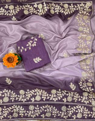 Light Purple Color zari thread  and sequence Chinon art silk saree 3