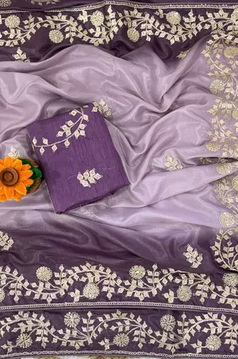 Light Purple Color zari thread  and sequence Chinon art silk saree