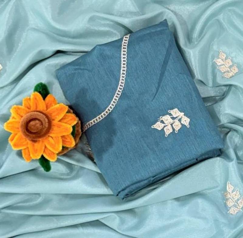 Sky Blue Color zari thread  and sequence Chinon Silk Saree