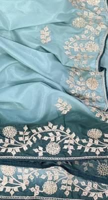 Sky Blue Color zari thread  and sequence Chinon art silk saree 2