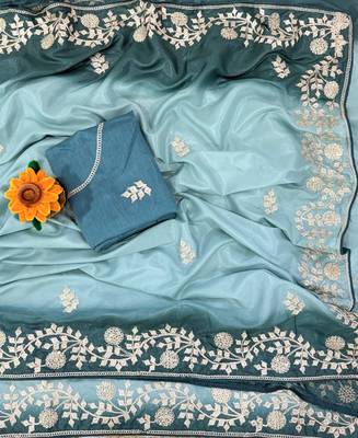 Sky Blue Color zari thread  and sequence Chinon art silk saree 3