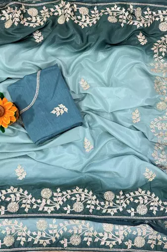 Sky Blue Color zari thread  and sequence Chinon art silk saree