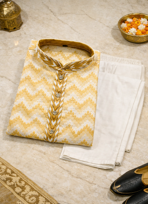 Gold color jaquard weaving work jaquard silk kurta payjama set 5