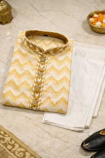 Gold color jaquard weaving work jaquard silk kurta payjama set