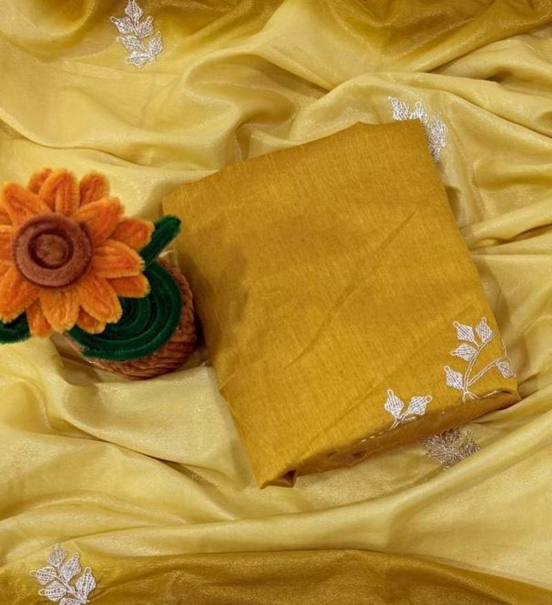 Light Yellow Color zari thread  and sequence Chinon Silk Saree