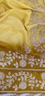 Light Yellow Color zari thread  and sequence Chinon art silk saree 2