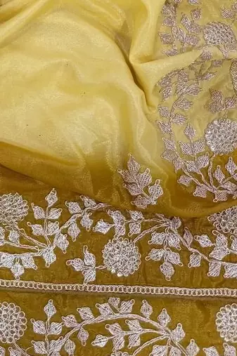 Light Yellow Color zari thread  and sequence Chinon art silk saree