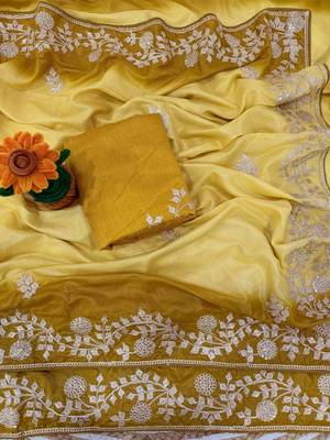 Light Yellow Color zari thread  and sequence Chinon art silk saree 3