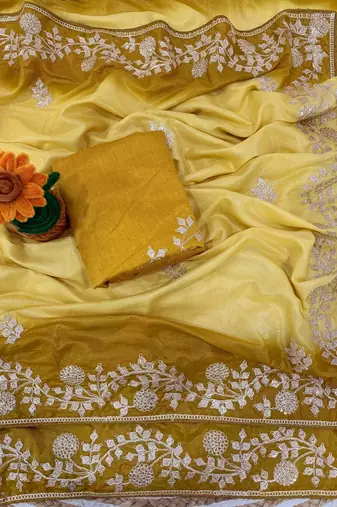 Light Yellow Color zari thread  and sequence Chinon art silk saree