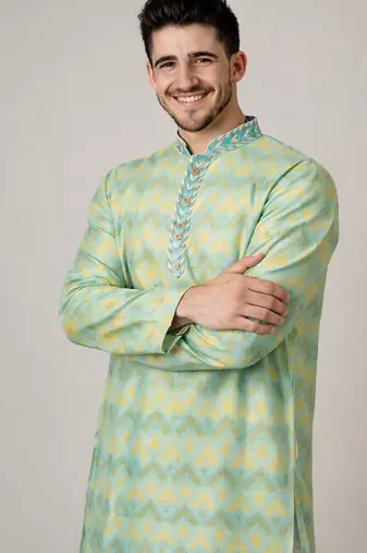 Mustard color jaquard weaving work jaquard silk kurta payjama set