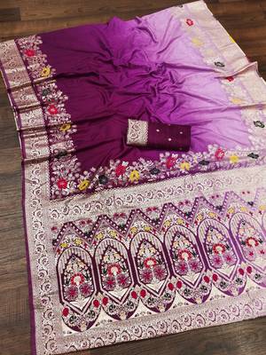 Wine Color Zari Weaving Meenakari Border Viscose Dolla Silk Saree 2