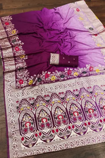 Wine Color Zari Weaving Meenakari Border Viscose Dolla Silk Saree