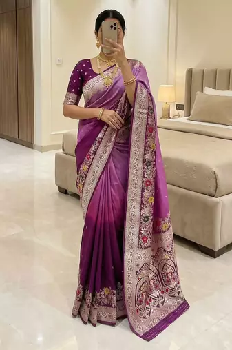 Wine Color Zari Weaving Meenakari Border Viscose Dolla Silk Saree