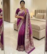 Wine Color Zari Weaving Meenakari Border Viscose Dolla Silk Saree