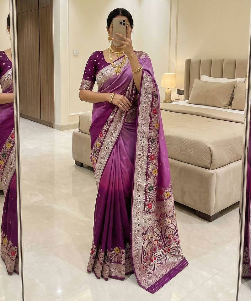 Wine Color Zari Weaving Meenakari Border Viscose Dolla Silk Saree