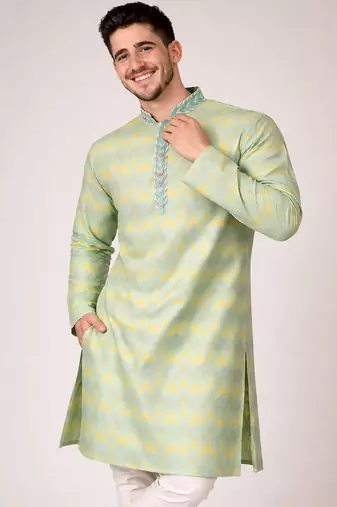 Mustard color jaquard weaving work jaquard silk kurta payjama set