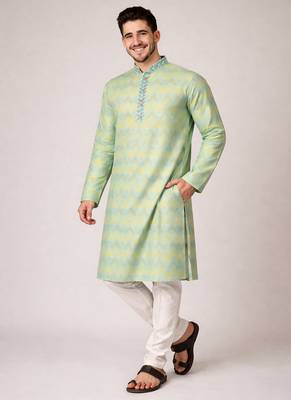 Mustard color jaquard weaving work jaquard silk kurta payjama set 1