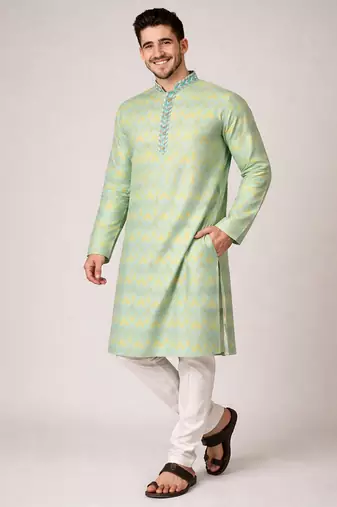 Mustard color jaquard weaving work jaquard silk kurta payjama set