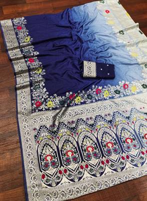 Dark Blue Color Zari Weaving Meenakari Border Viscose Dolla Silk Saree 2
