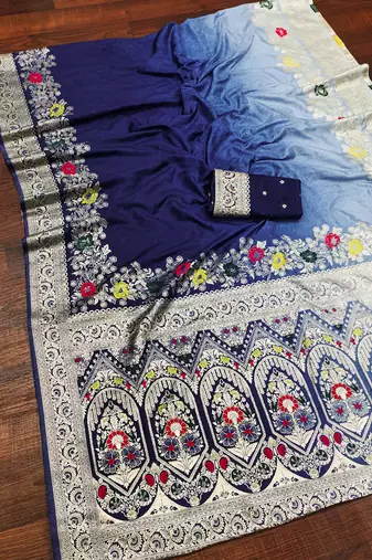 Dark Blue Color Zari Weaving Meenakari Border Viscose Dolla Silk Saree