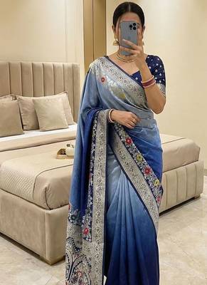 Dark Blue Color Zari Weaving Meenakari Border Viscose Dolla Silk Saree 1