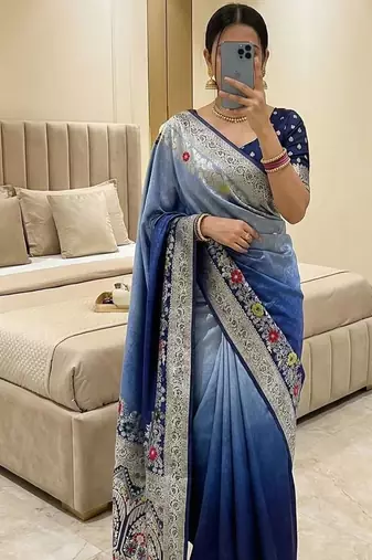 Dark Blue Color Zari Weaving Meenakari Border Viscose Dolla Silk Saree