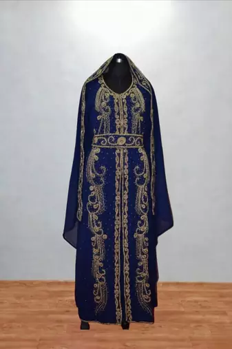 Luxurious navi blue kaftan with golden work stitched dress
