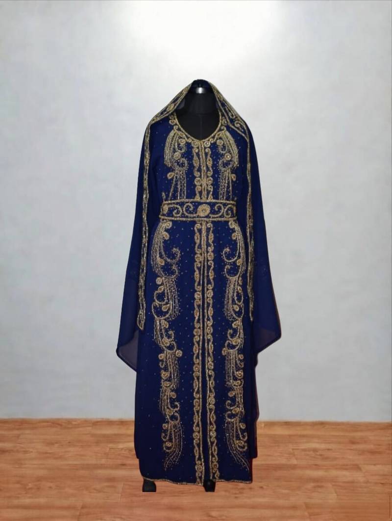 Luxurious navi blue kaftan with golden work stitched dress