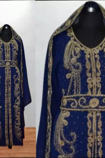 Luxurious navi blue kaftan with golden work stitched dress