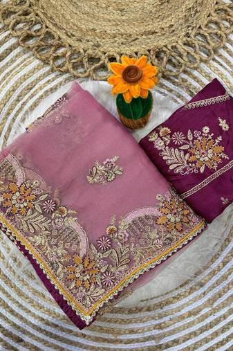 Pink Color  multi  thread and zari embroidery work Silk Saree