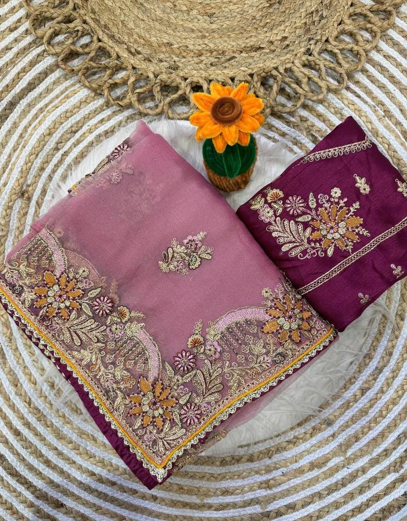 Pink Color  multi  thread and zari embroidery work Silk Saree