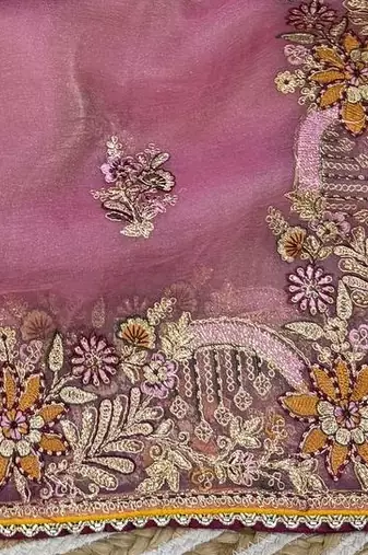 Pink Color  multi  thread and zari embroidery work art silk saree