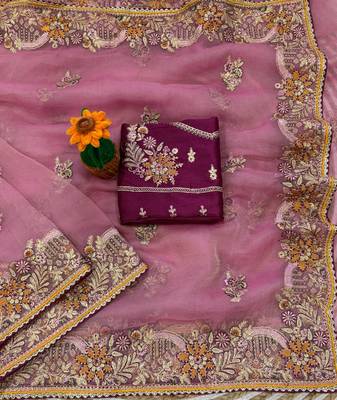 Pink Color  multi  thread and zari embroidery work art silk saree 3