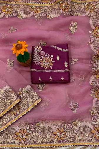 Pink Color  multi  thread and zari embroidery work art silk saree