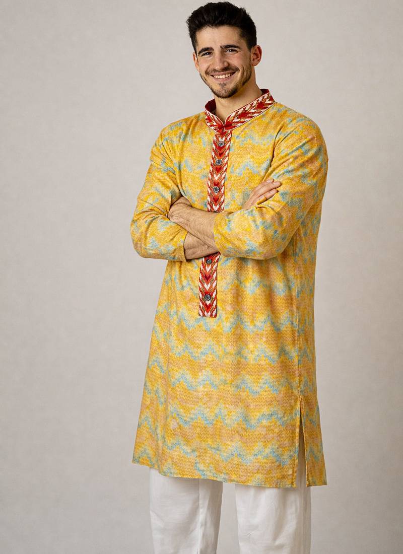 Off white color jaquard weaving work jaquard silk kurta payjama set