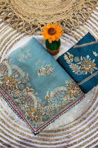 Sky Blue Color multi thread and zari embroidery work Silk Saree