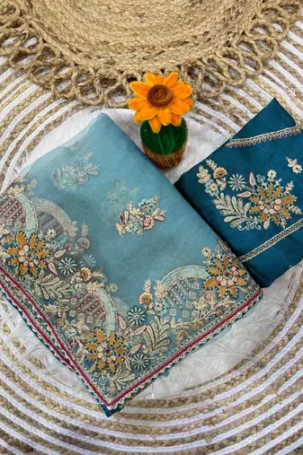 Sky Blue Color multi thread and zari embroidery work Silk Saree