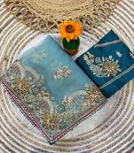 Sky Blue Color multi thread and zari embroidery work Silk Saree